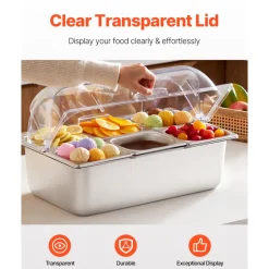 VEVOR Countertop Food Serving Display Container, 6 Pan Stainless Steel Food Serving Tray, Buffet Condiment Dispenser Display Rack with Clear Lid & 3 Freezer Boxes, for Restaurant Hotel Kitchen Party