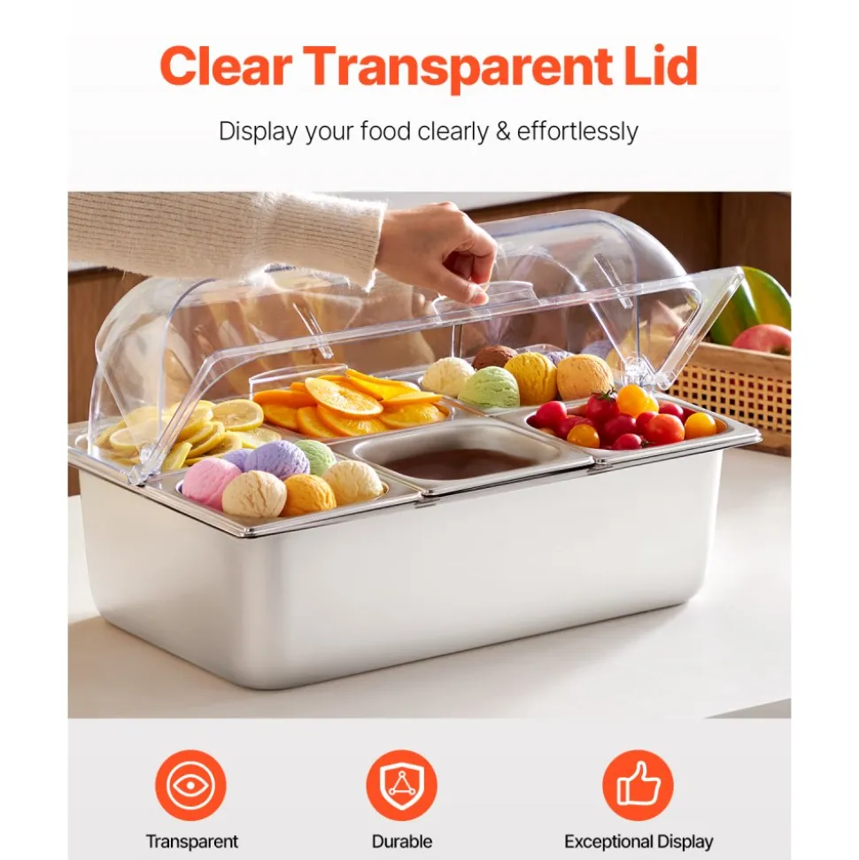 VEVOR Countertop Food Serving Display Container, 6 Pan Stainless Steel Food Serving Tray, Buffet Condiment Dispenser Display Rack with Clear Lid & 3 Freezer Boxes, for Restaurant Hotel Kitchen Party