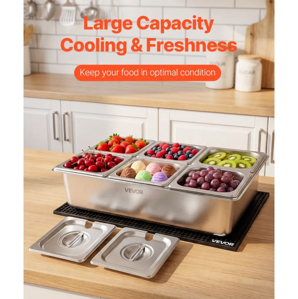 VEVOR Countertop Food Serving Display Container, Stainless Steel Food Salad Server Tray, Buffet Condiment Dispenser, Ice Cooled Rack with Separate Lid, for Restaurant, Hotel, Party (6x1/6 Pan)