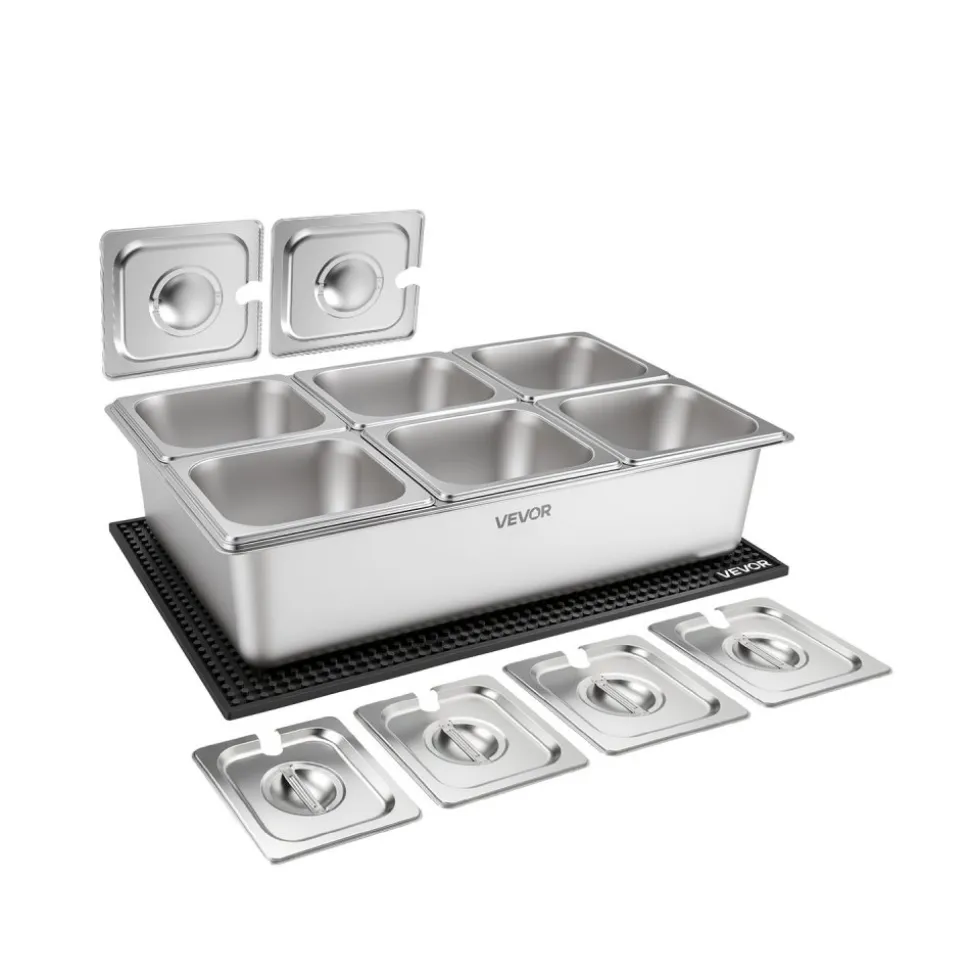 VEVOR Countertop Food Serving Display Container, Stainless Steel Food Salad Server Tray, Buffet Condiment Dispenser, Ice Cooled Rack with Separate Lid, for Restaurant, Hotel, Party (6x1/6 Pan)