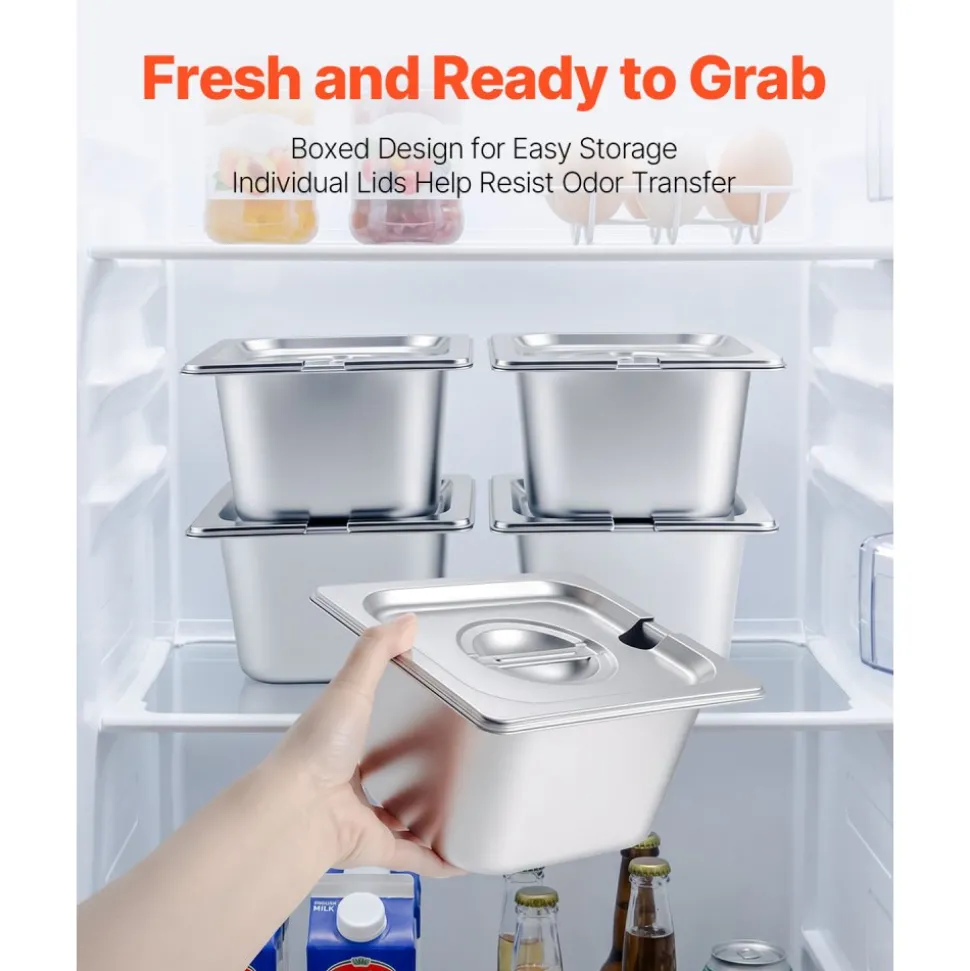 VEVOR Countertop Food Serving Display Container, Stainless Steel Food Salad Server Tray, Buffet Condiment Dispenser, Ice Cooled Rack with Separate Lid, for Restaurant, Hotel, Party (6x1/6 Pan)