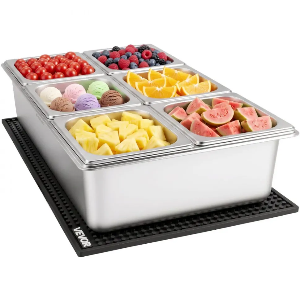 VEVOR Countertop Food Serving Display Container, Stainless Steel Food Salad Server Tray, Buffet Condiment Dispenser, Ice Cooled Rack with Separate Lid, for Restaurant, Hotel, Party (6x1/6 Pan)