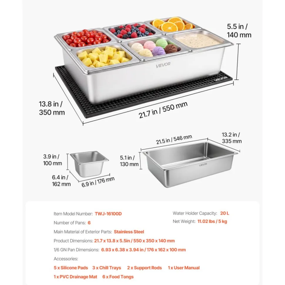 VEVOR Countertop Food Serving Display Container, Stainless Steel Food Salad Server Tray, Buffet Condiment Dispenser, Ice Cooled Rack with Separate Lid, for Restaurant, Hotel, Party (6x1/6 Pan)