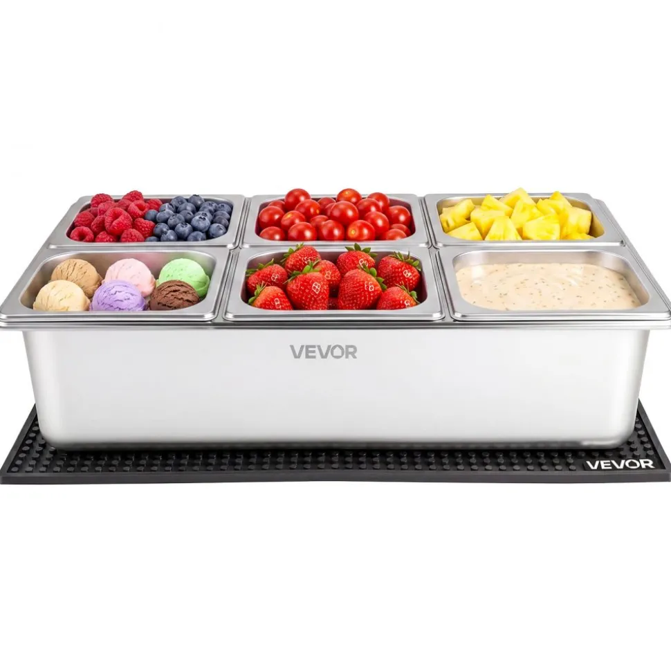 VEVOR Countertop Food Serving Display Container, Stainless Steel Food Salad Server Tray, Buffet Condiment Dispenser, Ice Cooled Rack with Separate Lid, for Restaurant, Hotel, Party (6x1/6 Pan)