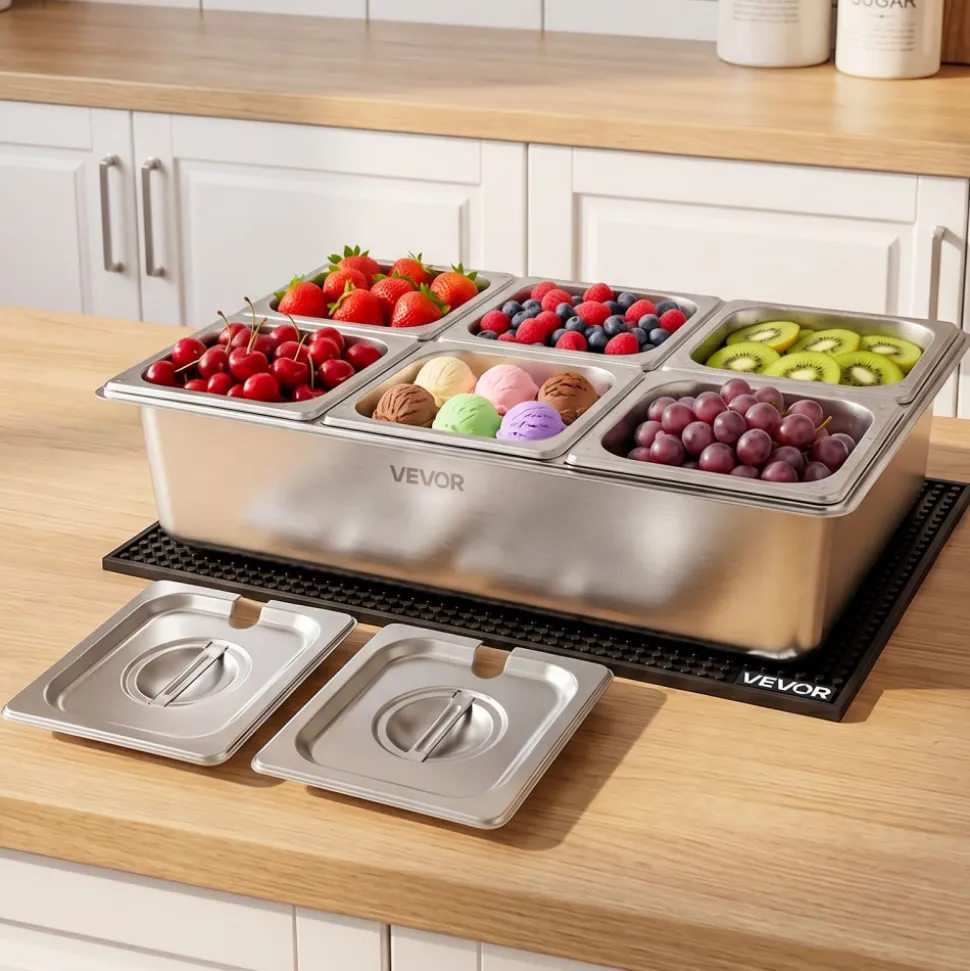 VEVOR Countertop Food Serving Display Container, Stainless Steel Food Salad Server Tray, Buffet Condiment Dispenser, Ice Cooled Rack with Separate Lid, for Restaurant, Hotel, Party (6x1/6 Pan)