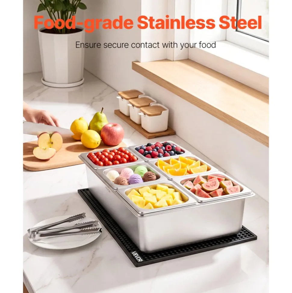 VEVOR Countertop Food Serving Display Container, Stainless Steel Food Salad Server Tray, Buffet Condiment Dispenser, Ice Cooled Rack with Separate Lid, for Restaurant, Hotel, Party (6x1/6 Pan)