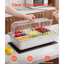 VEVOR Countertop Food Serving Display Container, Stainless Steel Food Salad Server Tray, Buffet Condiment Dispenser, Ice Cooled Rack with Clear Roll Top Cover, for Restaurant Hotel (1x1/3+6x1/9 Pan)