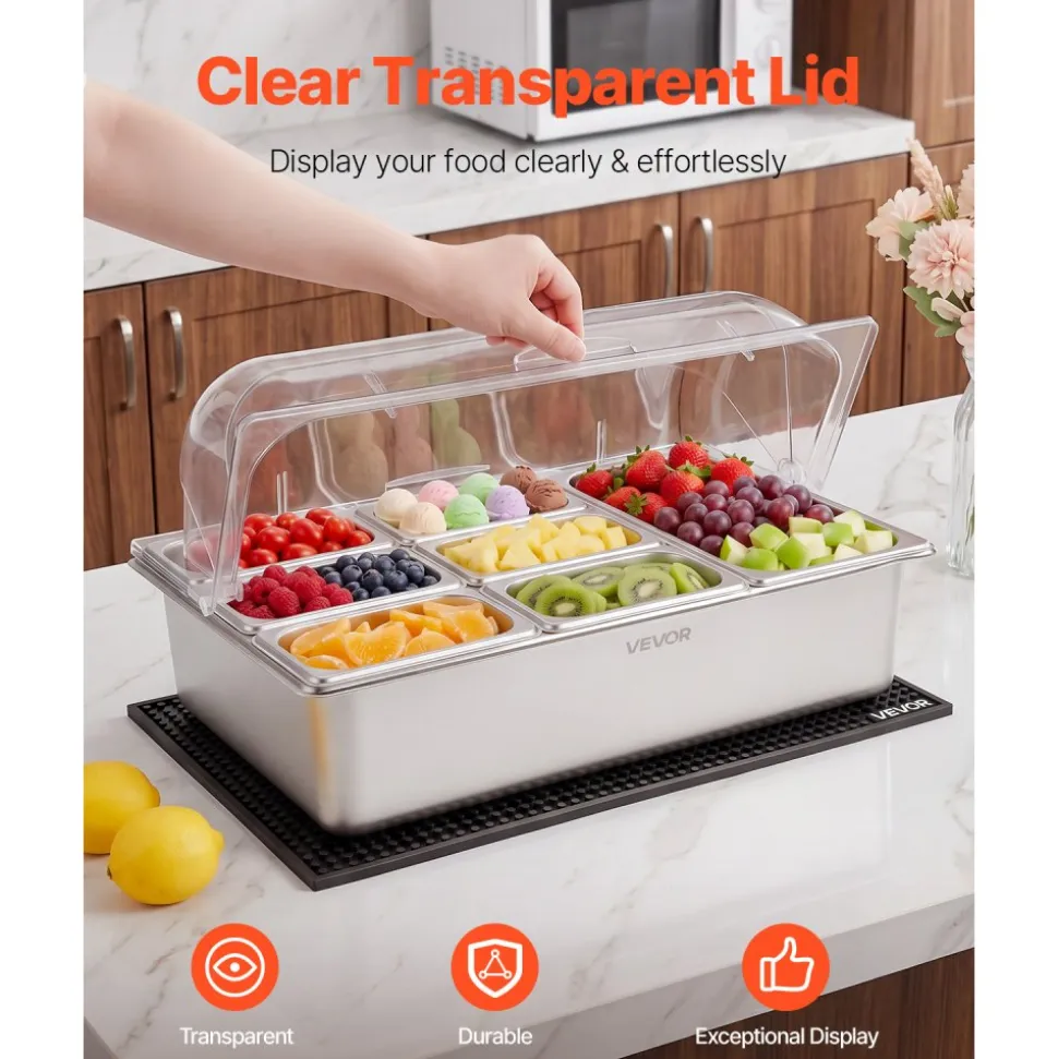VEVOR Countertop Food Serving Display Container, Stainless Steel Food Salad Server Tray, Buffet Condiment Dispenser, Ice Cooled Rack with Separate Lid, for Restaurant Hotel Kitchen Party (6x1/6 Pan)