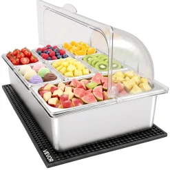 VEVOR Countertop Food Serving Display Container, Stainless Steel Food Salad Server Tray, Buffet Condiment Dispenser, Ice Cooled Rack with Separate Lid, for Restaurant Hotel Kitchen Party (6x1/6 Pan)