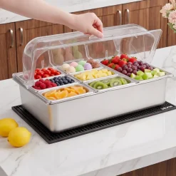 VEVOR Countertop Food Serving Display Container, Stainless Steel Food Salad Server Tray, Buffet Condiment Dispenser, Ice Cooled Rack with Separate Lid, for Restaurant Hotel Kitchen Party (6x1/6 Pan)