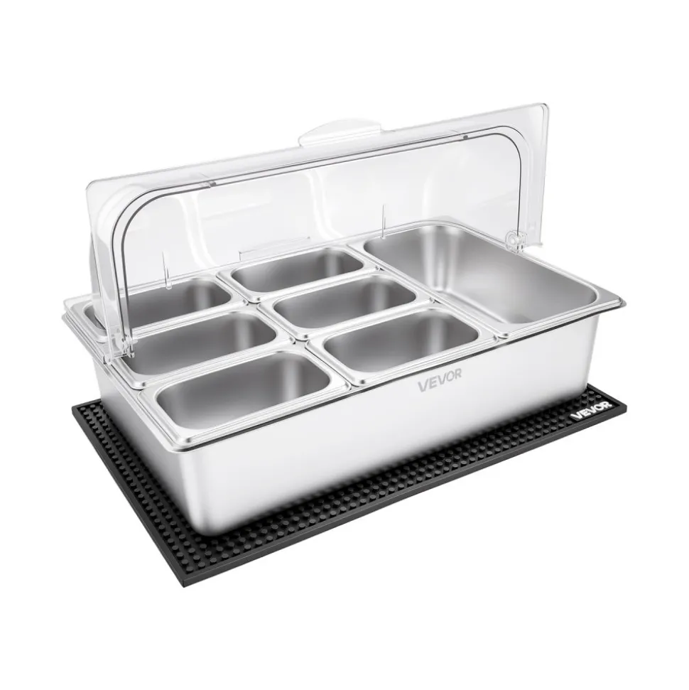 VEVOR Countertop Food Serving Display Container, Stainless Steel Food Salad Server Tray, Buffet Condiment Dispenser, Ice Cooled Rack with Separate Lid, for Restaurant Hotel Kitchen Party (6x1/6 Pan)