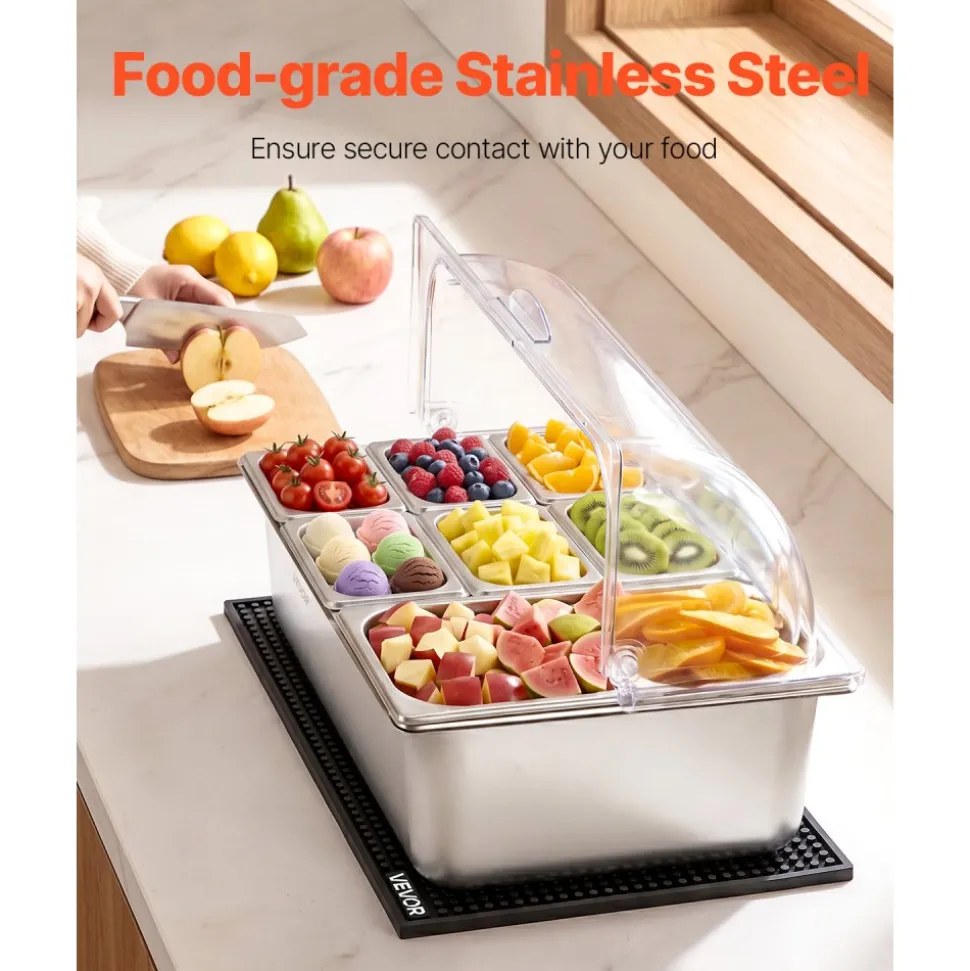 VEVOR Countertop Food Serving Display Container, Stainless Steel Food Salad Server Tray, Buffet Condiment Dispenser, Ice Cooled Rack with Separate Lid, for Restaurant Hotel Kitchen Party (6x1/6 Pan)