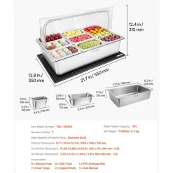VEVOR Countertop Food Serving Display Container, Stainless Steel Food Salad Server Tray, Buffet Condiment Dispenser, Ice Cooled Rack with Separate Lid, for Restaurant Hotel Kitchen Party (6x1/6 Pan)