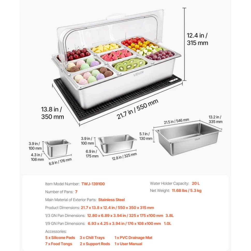 VEVOR Countertop Food Serving Display Container, Stainless Steel Food Salad Server Tray, Buffet Condiment Dispenser, Ice Cooled Rack with Separate Lid, for Restaurant Hotel Kitchen Party (6x1/6 Pan)