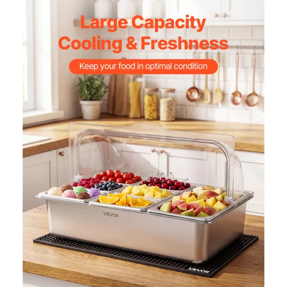 VEVOR Countertop Food Serving Display Container, Stainless Steel Food Salad Server Tray, Buffet Condiment Dispenser, Ice Cooled Rack with Separate Lid, for Restaurant Hotel Kitchen Party (6x1/6 Pan)