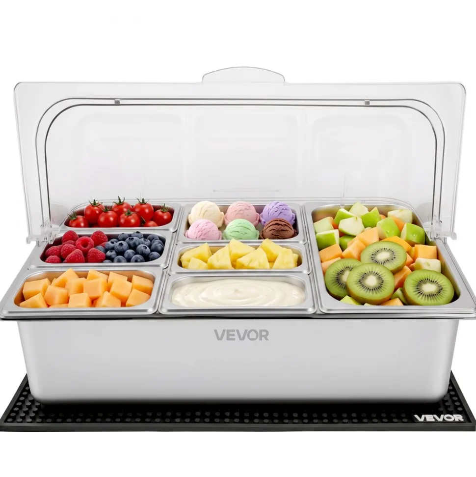 VEVOR Countertop Food Serving Display Container, Stainless Steel Food Salad Server Tray, Buffet Condiment Dispenser, Ice Cooled Rack with Separate Lid, for Restaurant Hotel Kitchen Party (6x1/6 Pan)