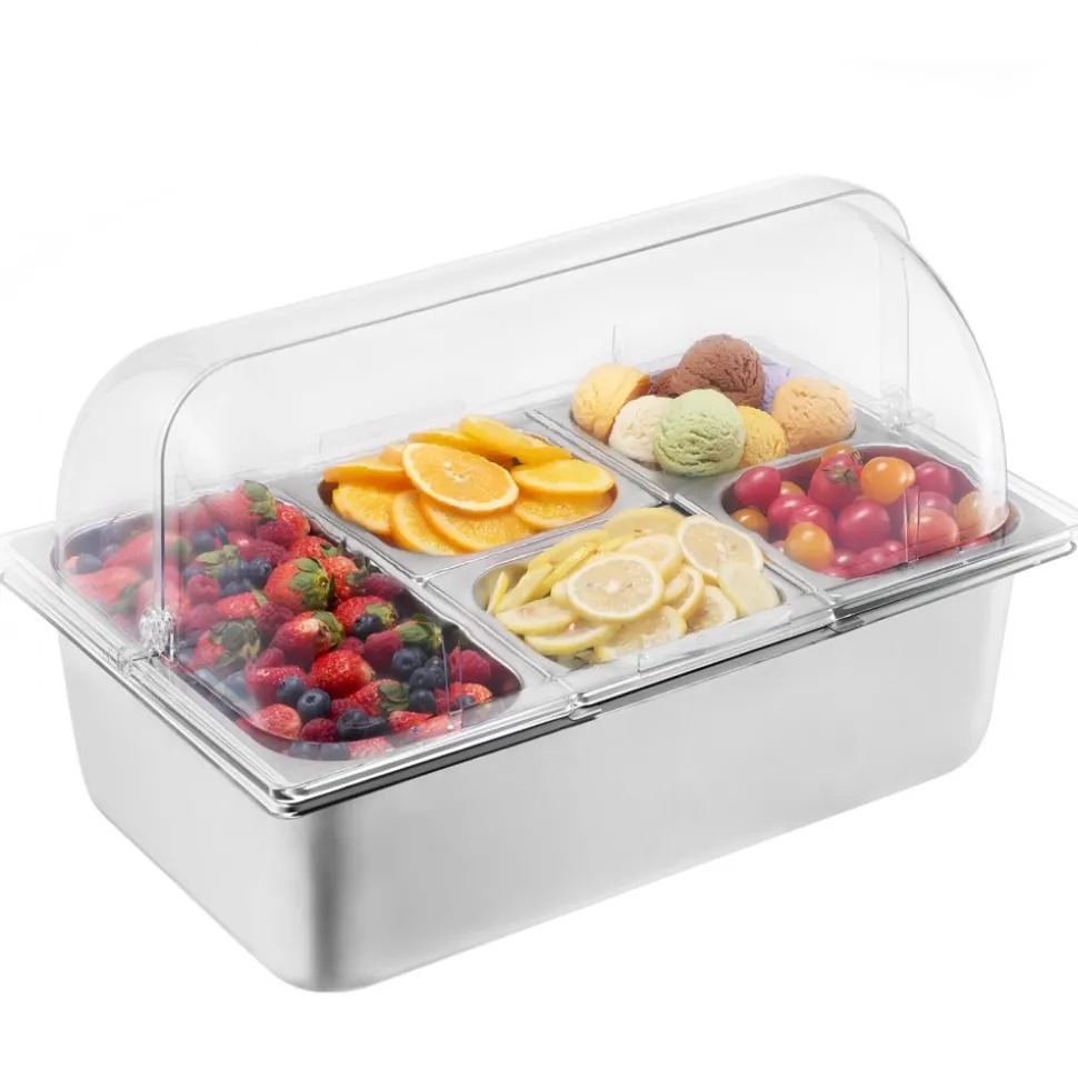 VEVOR Countertop Food Serving Display Container, 5 Pan Stainless Steel Food Serving Tray, Buffet Condiment Dispenser Display Rack with Clear Lid & 3 Freezer Boxes, for Restaurant Hotel Kitchen Party