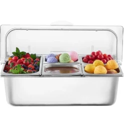 VEVOR Countertop Food Serving Display Container, 5 Pan Stainless Steel Food Serving Tray, Buffet Condiment Dispenser Display Rack with Clear Lid & 3 Freezer Boxes, for Restaurant Hotel Kitchen Party