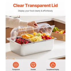 VEVOR Countertop Food Serving Display Container, 5 Pan Stainless Steel Food Serving Tray, Buffet Condiment Dispenser Display Rack with Clear Lid & 3 Freezer Boxes, for Restaurant Hotel Kitchen Party