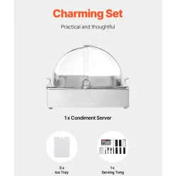 VEVOR Countertop Food Serving Display Container, 1 x 1 Pan Stainless Steel Food Serving Tray, Buffet Condiment Dispenser Display Rack with Clear Lid & 3 Ice Trays, for Restaurant Hotel Kitchen Party