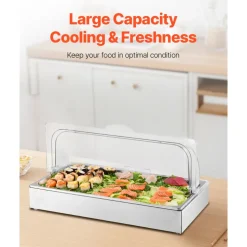 VEVOR Countertop Food Serving Display Container, 1 x 1 Pan Stainless Steel Food Serving Tray, Buffet Condiment Dispenser Display Rack with Clear Lid & 3 Ice Trays, for Restaurant Hotel Kitchen Party