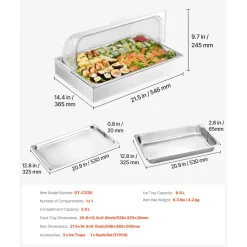 VEVOR Countertop Food Serving Display Container, 1 x 1 Pan Stainless Steel Food Serving Tray, Buffet Condiment Dispenser Display Rack with Clear Lid & 3 Ice Trays, for Restaurant Hotel Kitchen Party