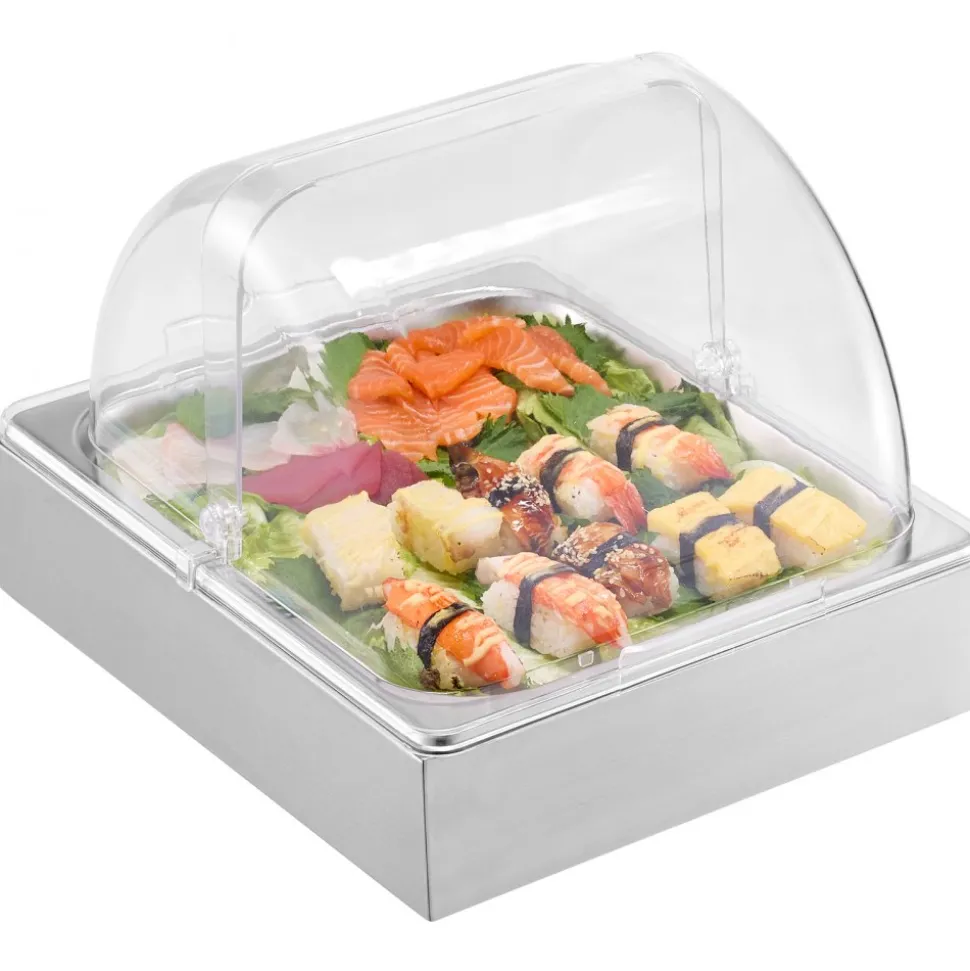 VEVOR Countertop Food Serving Display Container, Stainless Steel Food Salad Server Tray, Buffet Condiment Dispenser, Ice Cooled Rack with Clear Roll Top Cover, for Restaurant Hotel (6x1/6 Pan x2)