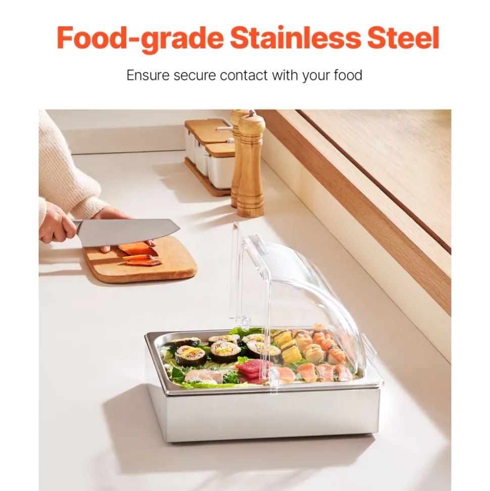 VEVOR Countertop Food Serving Display Container, Stainless Steel Food Salad Server Tray, Buffet Condiment Dispenser, Ice Cooled Rack with Clear Roll Top Cover, for Restaurant Hotel (6x1/6 Pan x2)