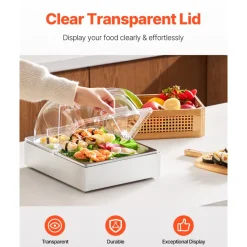 VEVOR Countertop Food Serving Display Container, Stainless Steel Food Salad Server Tray, Buffet Condiment Dispenser, Ice Cooled Rack with Clear Roll Top Cover, for Restaurant Hotel (6x1/6 Pan x2)