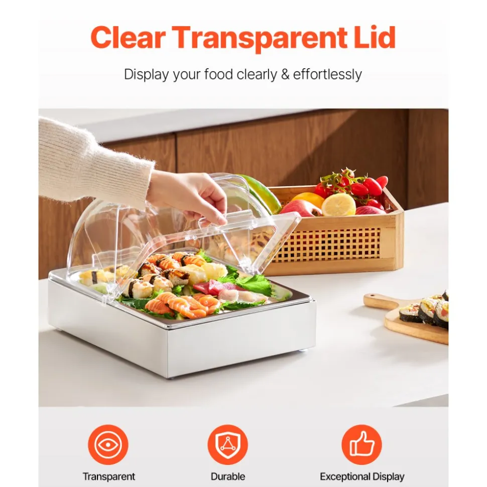 VEVOR Countertop Food Serving Display Container, Stainless Steel Food Salad Server Tray, Buffet Condiment Dispenser, Ice Cooled Rack with Clear Roll Top Cover, for Restaurant Hotel (6x1/6 Pan x2)