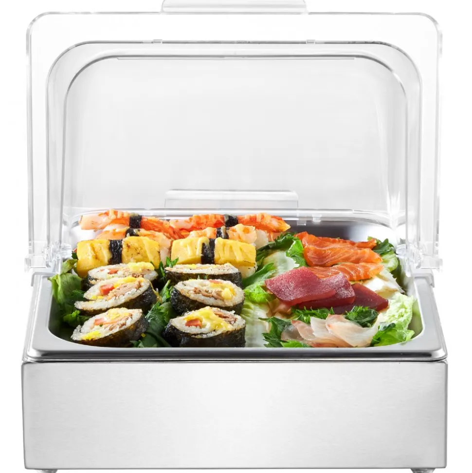 VEVOR Countertop Food Serving Display Container, Stainless Steel Food Salad Server Tray, Buffet Condiment Dispenser, Ice Cooled Rack with Clear Roll Top Cover, for Restaurant Hotel (6x1/6 Pan x2)