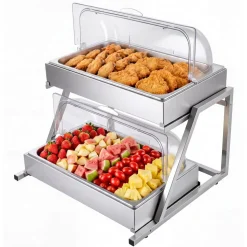 VEVOR Countertop Food Serving Display Container, 2 Tier Stainless Steel Food Salad Server Tray, Buffet Condiment Dispenser, Ice Cooled Rack with Clear Roll Top Cover, for Restaurant Hotel (1/1 Pan x2)