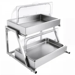 VEVOR Countertop Food Serving Display Container, 2 Tier Stainless Steel Food Salad Server Tray, Buffet Condiment Dispenser, Ice Cooled Rack with Clear Roll Top Cover, for Restaurant Hotel (1/1 Pan x2)