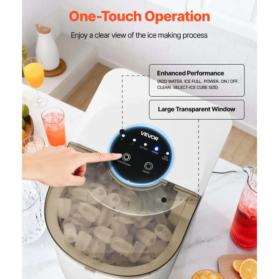 VEVOR Countertop Ice Maker, 7 Cubes Ready in 6 Mins, 26 lbs per Day, Self-Cleaning Portable Machine with Ice Scoop, Ice-Making Machine with 2 Sizes Bullet Ices for Home, Kitchen, Office, Bar & Party