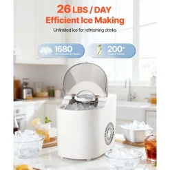 VEVOR Countertop Ice Maker, 7 Cubes Ready in 6 Mins, 26 lbs per Day, Self-Cleaning Portable Machine with Ice Scoop, Ice-Making Machine with 2 Sizes Bullet Ices for Home, Kitchen, Office, Bar & Party