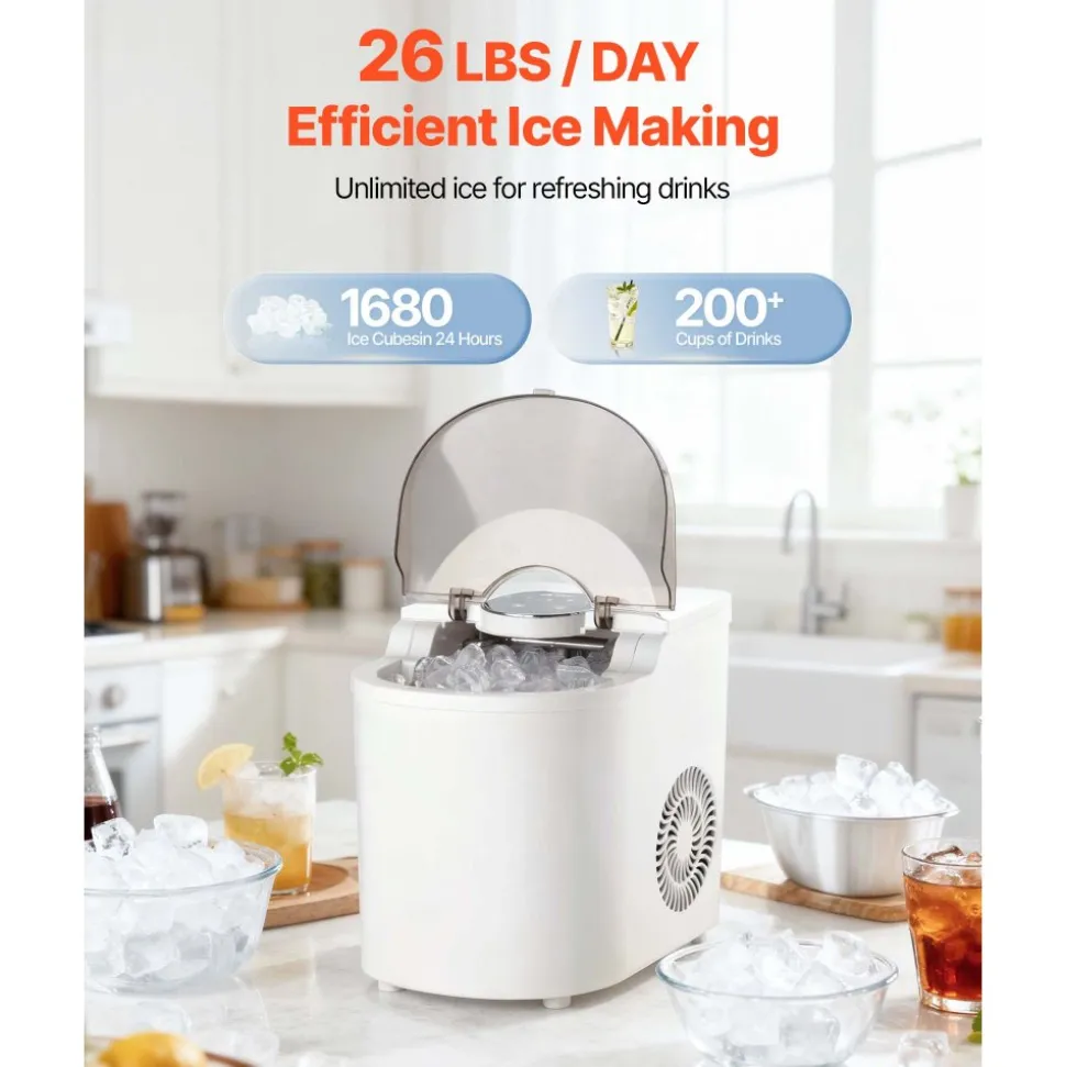 VEVOR Countertop Ice Maker, 7 Cubes Ready in 6 Mins, 26 lbs per Day, Self-Cleaning Portable Machine with Ice Scoop, Ice-Making Machine with 2 Sizes Bullet Ices for Home, Kitchen, Office, Bar & Party