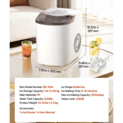 VEVOR Countertop Ice Maker, 7 Cubes Ready in 6 Mins, 26 lbs per Day, Self-Cleaning Portable Machine with Ice Scoop, Ice-Making Machine with 2 Sizes Bullet Ices for Home, Kitchen, Office, Bar & Party
