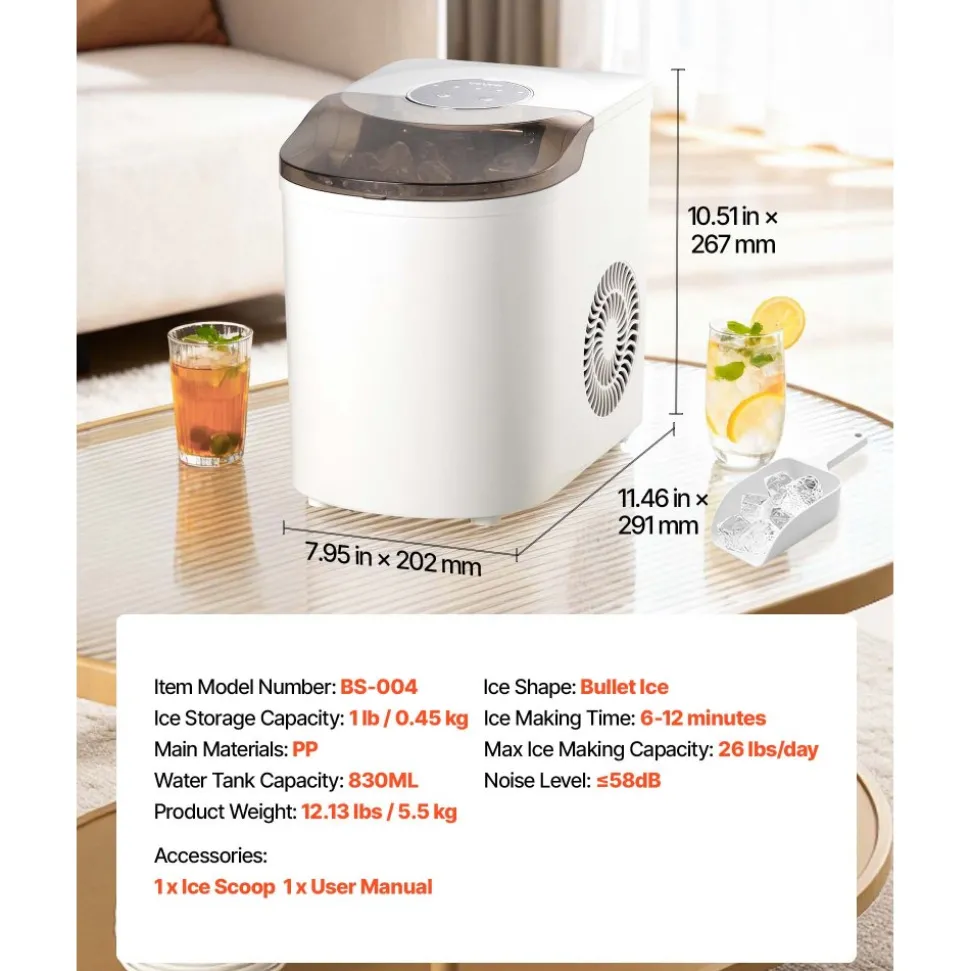 VEVOR Countertop Ice Maker, 7 Cubes Ready in 6 Mins, 26 lbs per Day, Self-Cleaning Portable Machine with Ice Scoop, Ice-Making Machine with 2 Sizes Bullet Ices for Home, Kitchen, Office, Bar & Party
