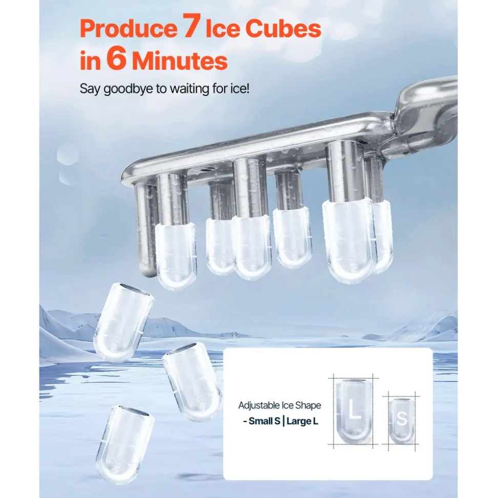 VEVOR Countertop Ice Maker, 7 Cubes Ready in 6 Mins, 26 lbs per Day, Self-Cleaning Portable Machine with Ice Scoop, Ice-Making Machine with 2 Sizes Bullet Ices for Home, Kitchen, Office, Bar & Party