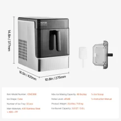 VEVOR Countertop Ice Maker, 32 Cubes Ready in 15 Mins, 46lbs in 24Hrs, Self-Cleaning Portable Ice Maker with Convenient Ice Transfer, Ice Machine with 3 Sizes Ice Cube for Home Kitchen Office Party