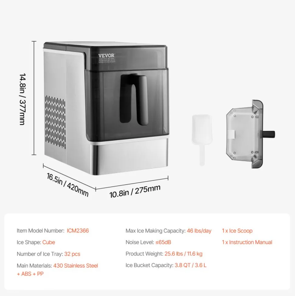 VEVOR Countertop Ice Maker, 32 Cubes Ready in 15 Mins, 46lbs in 24Hrs, Self-Cleaning Portable Ice Maker with Convenient Ice Transfer, Ice Machine with 3 Sizes Ice Cube for Home Kitchen Office Party