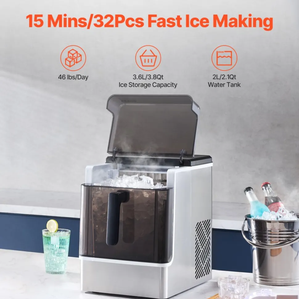 VEVOR Countertop Ice Maker, 32 Cubes Ready in 15 Mins, 46lbs in 24Hrs, Self-Cleaning Portable Ice Maker with Convenient Ice Transfer, Ice Machine with 3 Sizes Ice Cube for Home Kitchen Office Party