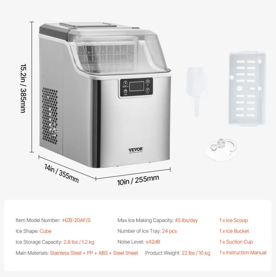 VEVOR Countertop Ice Maker, 24 Cubes Ready in 15 Mins, 45lbs in 24Hrs, Self-Cleaning Portable Ice Maker with Ice Scoop and Basket, Ice Machine with 3 Sizes Ice Cube for Home Kitchen Office Party