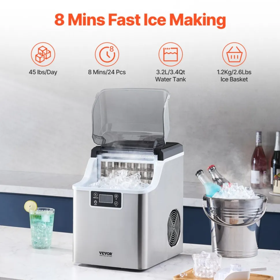 VEVOR Countertop Ice Maker, 24 Cubes Ready in 15 Mins, 45lbs in 24Hrs, Self-Cleaning Portable Ice Maker with Ice Scoop and Basket, Ice Machine with 3 Sizes Ice Cube for Home Kitchen Office Party