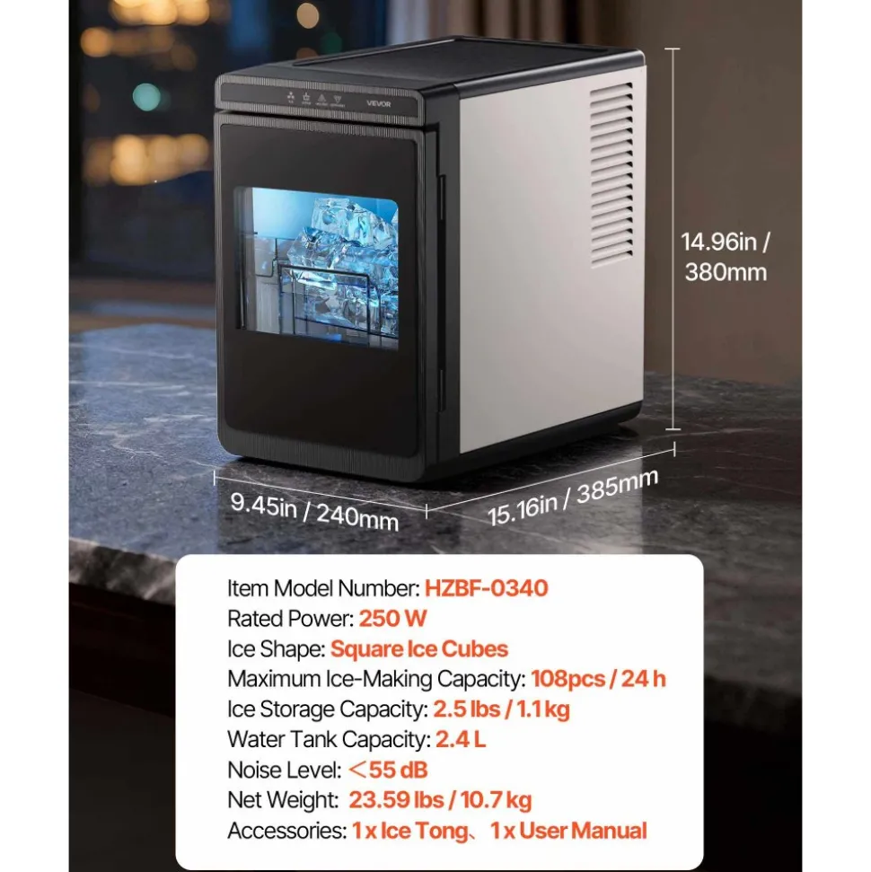 VEVOR Countertop Ice Maker, 22 lbs per Day, Self-Cleaning Portable Machine with Tong, Drawer-Style Ice Access, Ice-Making Machine with Large Square Cubes, for Home, Kitchen, Office, Bar & Party