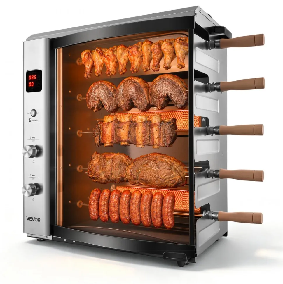 VEVOR Countertop Vertical Oven Brazilian Flame 5 Auto Rotating Skewers, for Steak, Fish, Lamb Leg, Outdoor Gas Heating Rotisserie Shawarma Machine, Meat Kebab Grill, with Curved Glass Door