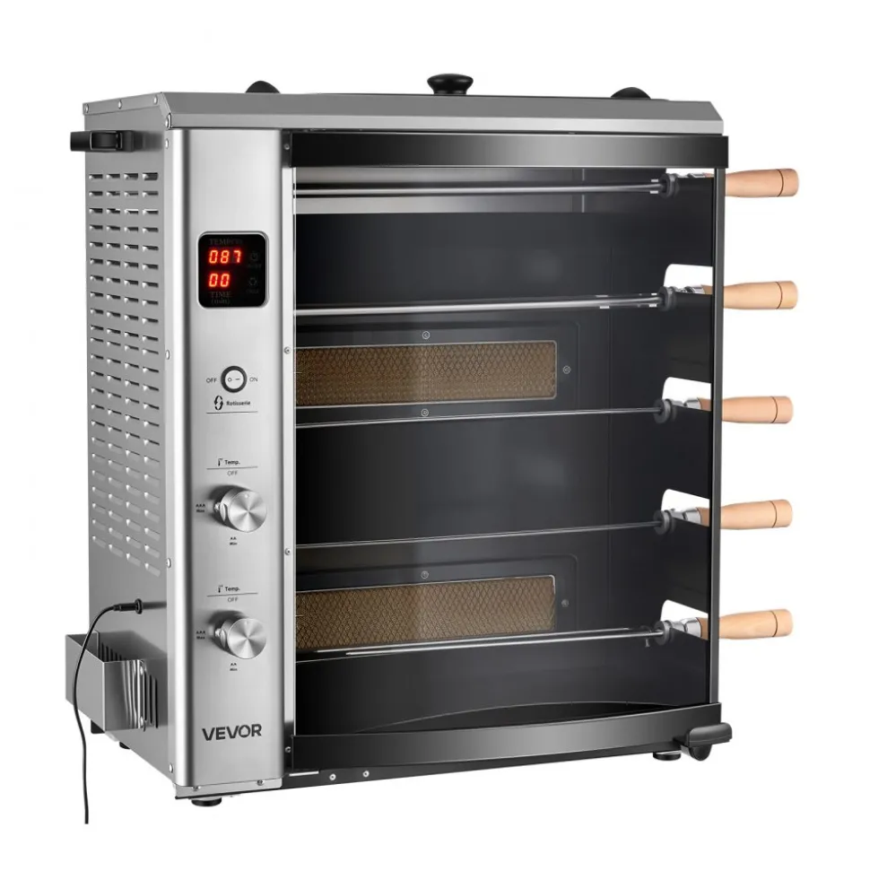 VEVOR Countertop Vertical Oven Brazilian Flame 5 Auto Rotating Skewers, for Steak, Fish, Lamb Leg, Outdoor Gas Heating Rotisserie Shawarma Machine, Meat Kebab Grill, with Curved Glass Door