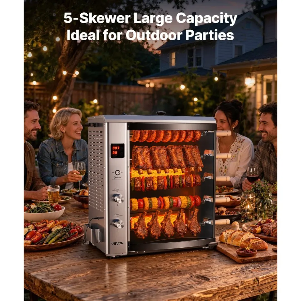 VEVOR Countertop Vertical Oven Brazilian Flame 5 Auto Rotating Skewers, for Steak, Fish, Lamb Leg, Outdoor Gas Heating Rotisserie Shawarma Machine, Meat Kebab Grill, with Curved Glass Door