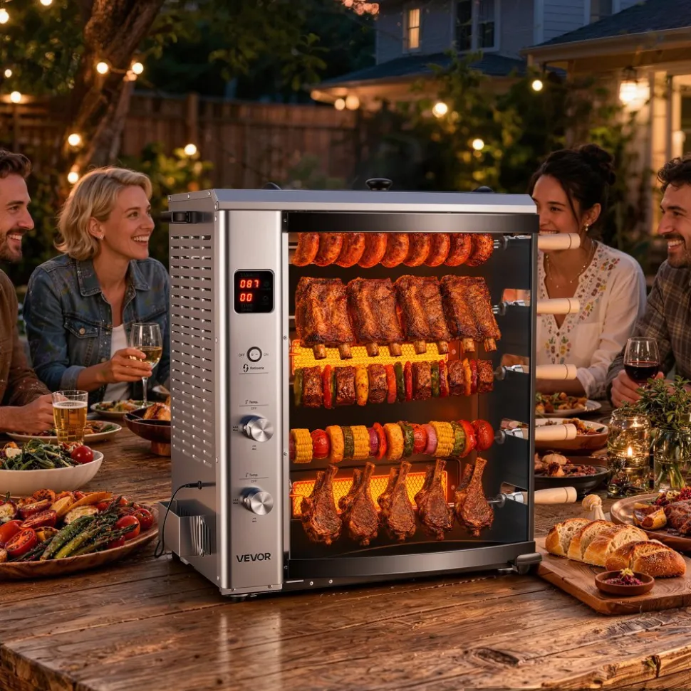 VEVOR Countertop Vertical Oven Brazilian Flame 5 Auto Rotating Skewers, for Steak, Fish, Lamb Leg, Outdoor Gas Heating Rotisserie Shawarma Machine, Meat Kebab Grill, with Curved Glass Door