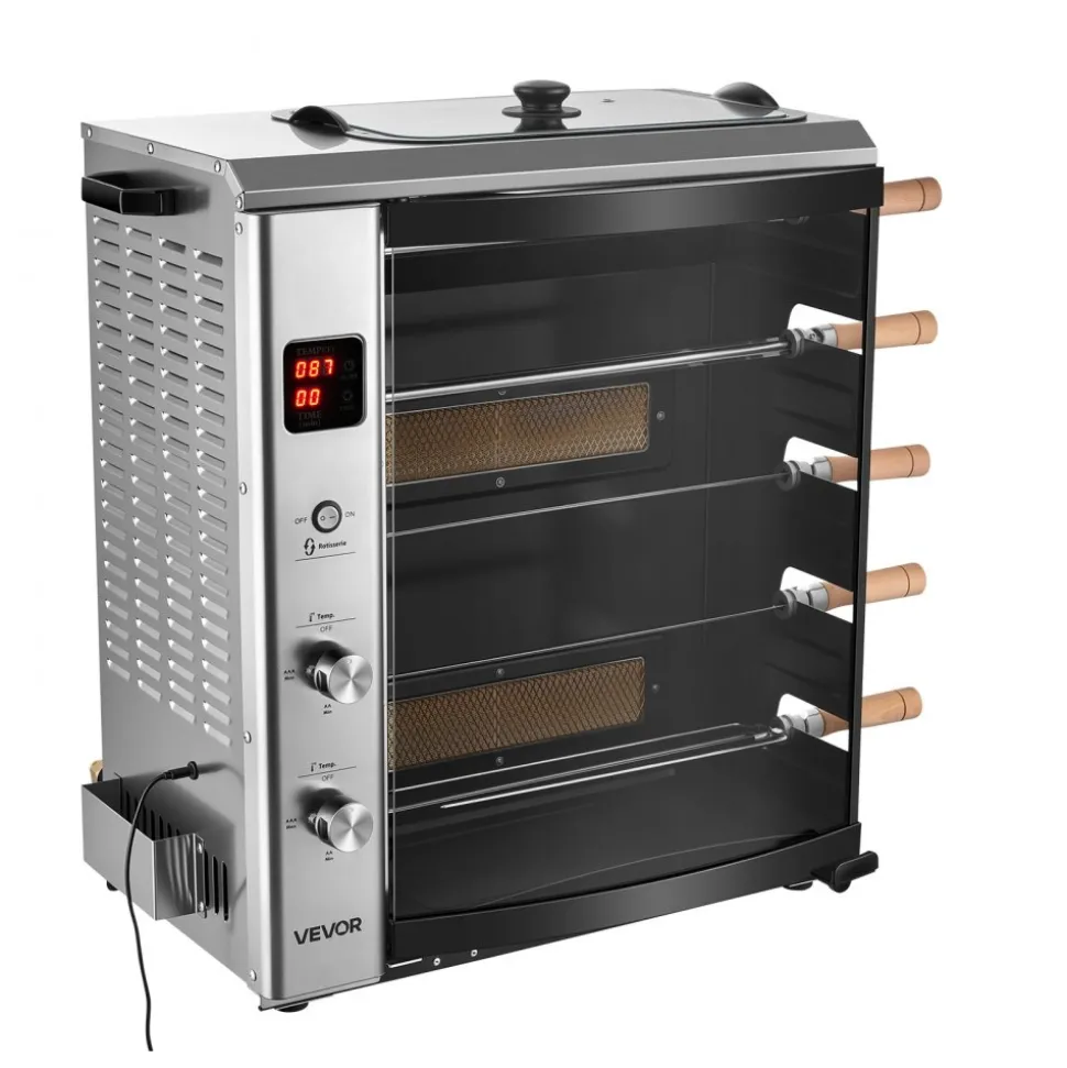 VEVOR Countertop Vertical Oven Brazilian Flame 5 Auto Rotating Skewers, for Steak, Fish, Lamb Leg, Outdoor Gas Heating Rotisserie Shawarma Machine, Meat Kebab Grill, with Curved Glass Door